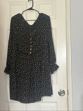 SHEIN Black Floral Long Sleeve Button Front Dress